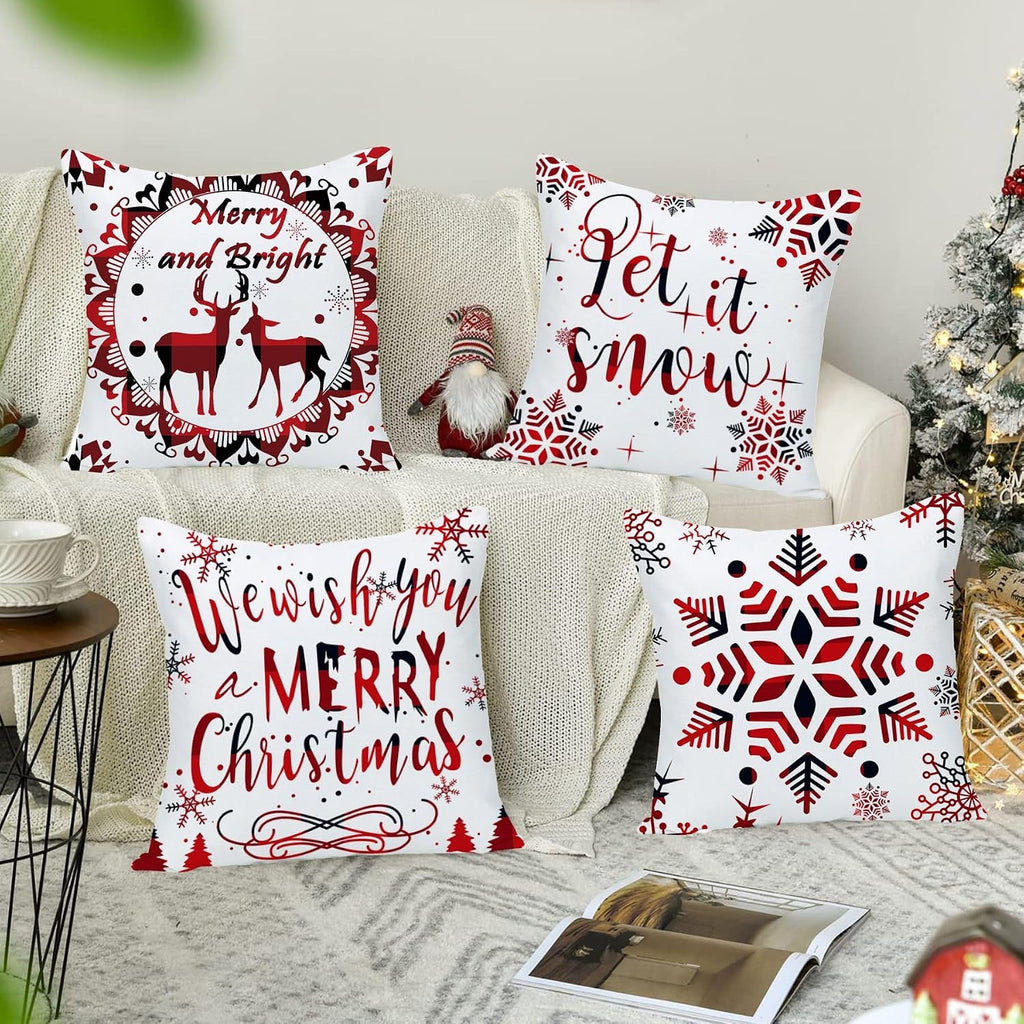 24x24 Pillow Covers Christmas Winter Snowflake Baby It's Cold Outside Bright Red Deer Let It Snow Xmas Soft Velvet - Set of 4