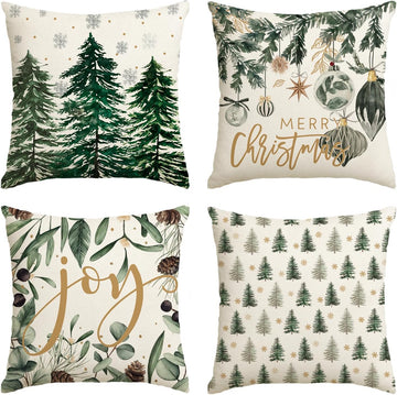 Merry Christmas Trees Snowflake Throw Pillow Covers, 18 x 18 Inch Joy Xmas Balls Winter Holiday Cushion Case - Set of 4