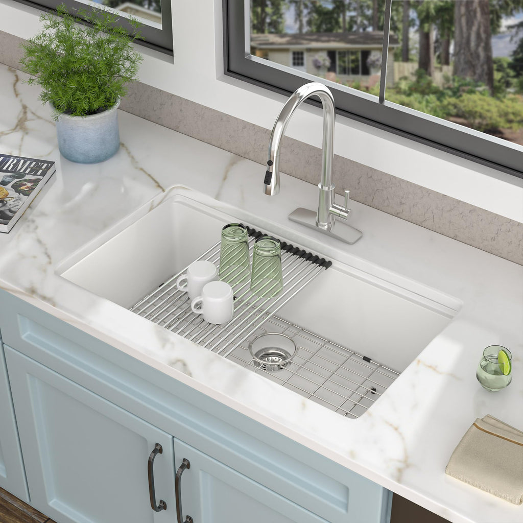 33"x19" White Granite Composite Kitchen Sink Ledge Workstation