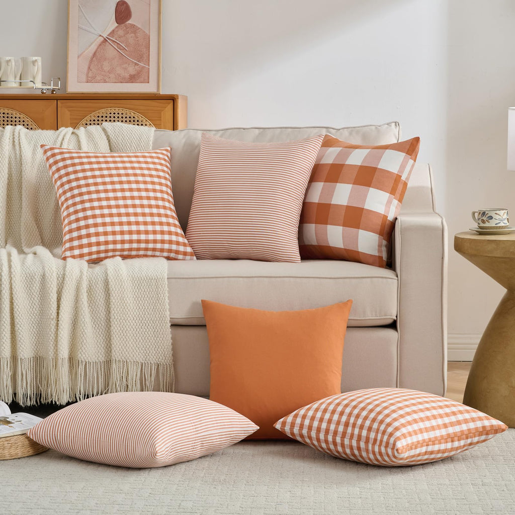 Burnt Orange Fall Plaid Outdoor Porch Pillow Covers 18x18 Set of 4