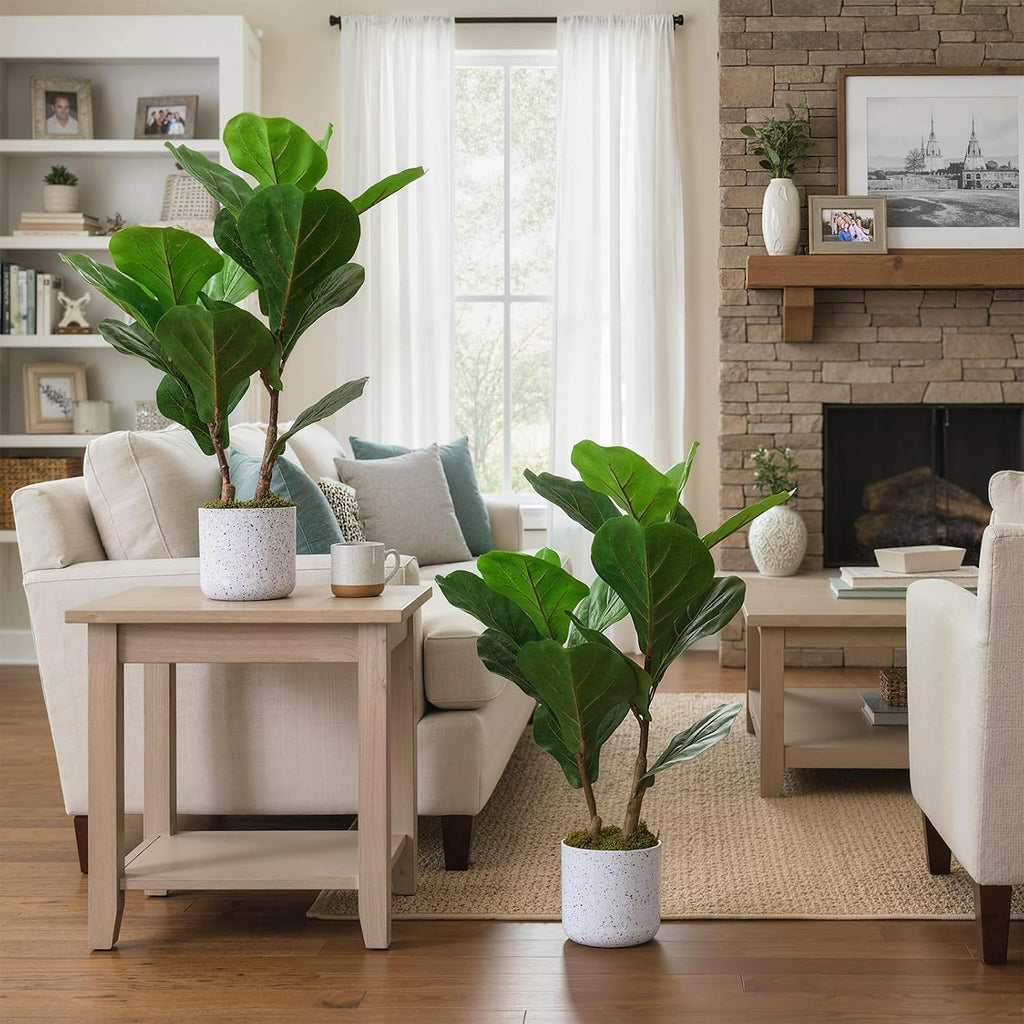 Fiddle Leaf Fig Artificial Tree, Faux Floor Plant with White Planter Pot