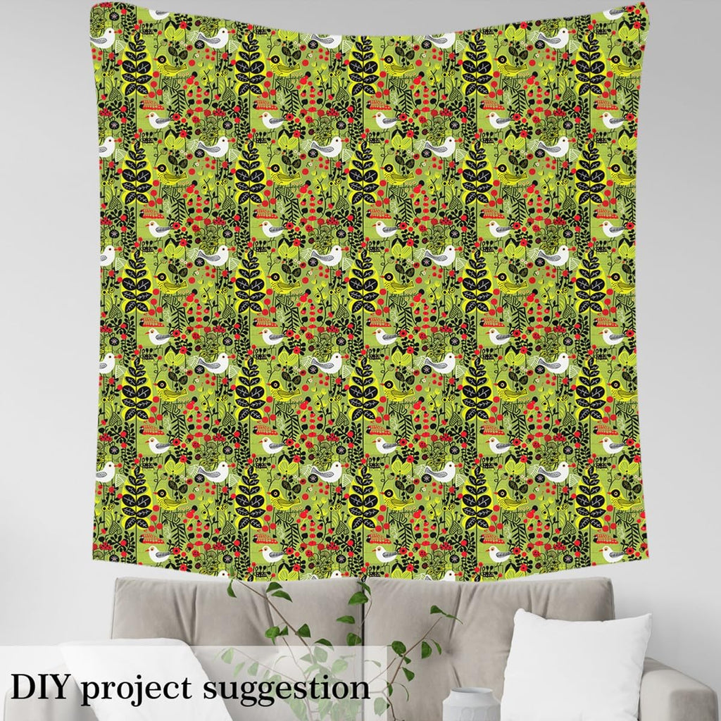 Nature Scenery Graffiti Fabric for Decoration, Botanical Leaves Plants Outdoor Fabric by The Yard, Flying Birds Green