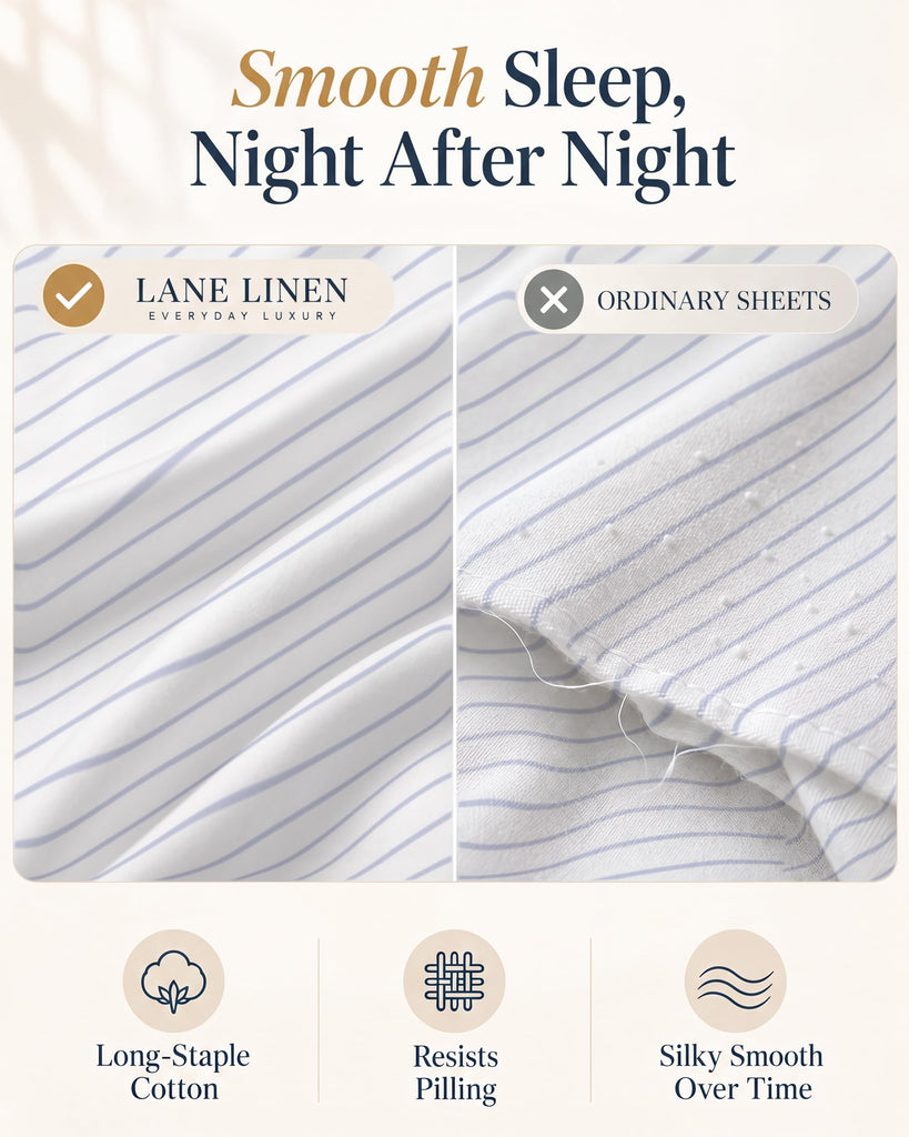 100% Cotton Sateen Queen Sheets Set, Ticking Stripe, for Hot Sleepers
