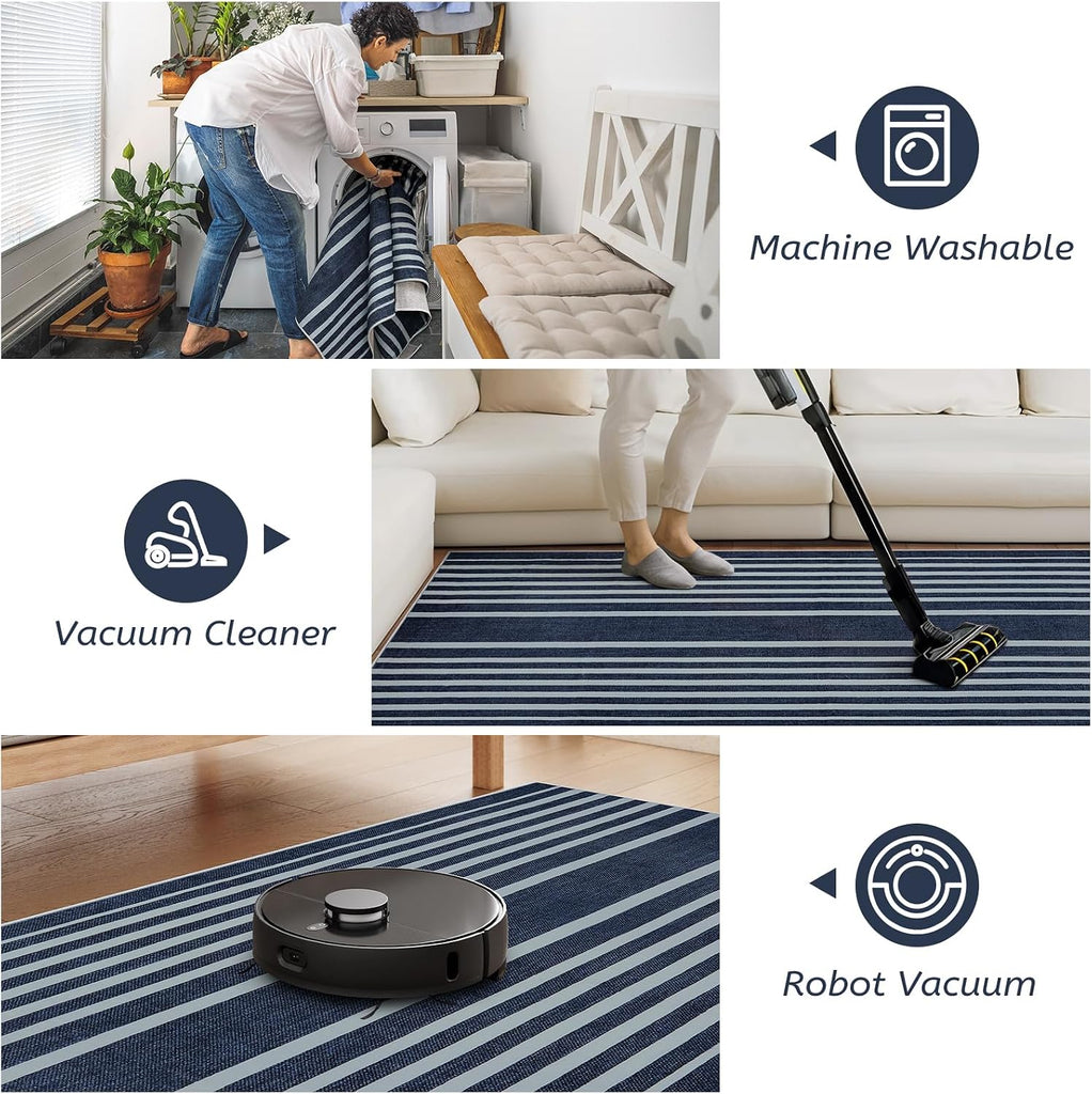 Striped Blue Runners s, 2. Washable Bathroom Runner with Rubber Backed, Non Slip Soft Low Pile Indoor Floor Carpet
