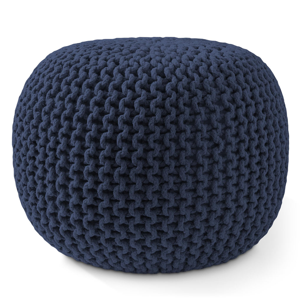 Round Pouf Ottoman, Navy Blue - 20" Diameter x 14.5" High Cotton Knit Foot Stool - Boho Floor Pouffe