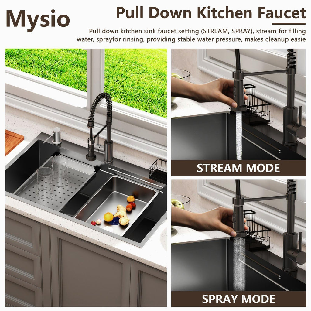 32in Stainless Steel Kitchen Sink: Black Single Bowl Drop In Workstation