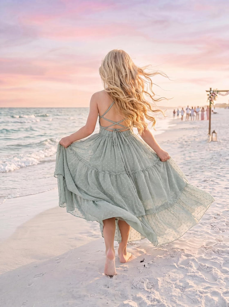 Boho Flower Girl Dresses Swiss Dot Chiffon Girls Backless Dress Beach Wedding Flowy Summer Maxi Gown