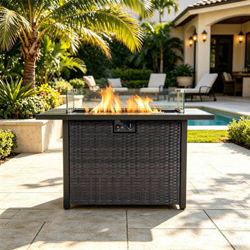 44 Inch Propane Fire Pit Table 50000 BTU Brown Glass Shield 50000 BTU Propane Fire Pit Table for Outdoor Patio