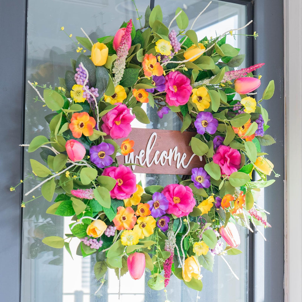 Spring Wreaths for Front Door Outside - 24 Inch Artificial Tulip & Wildflower Summer Wreath with Green Eucalyptus