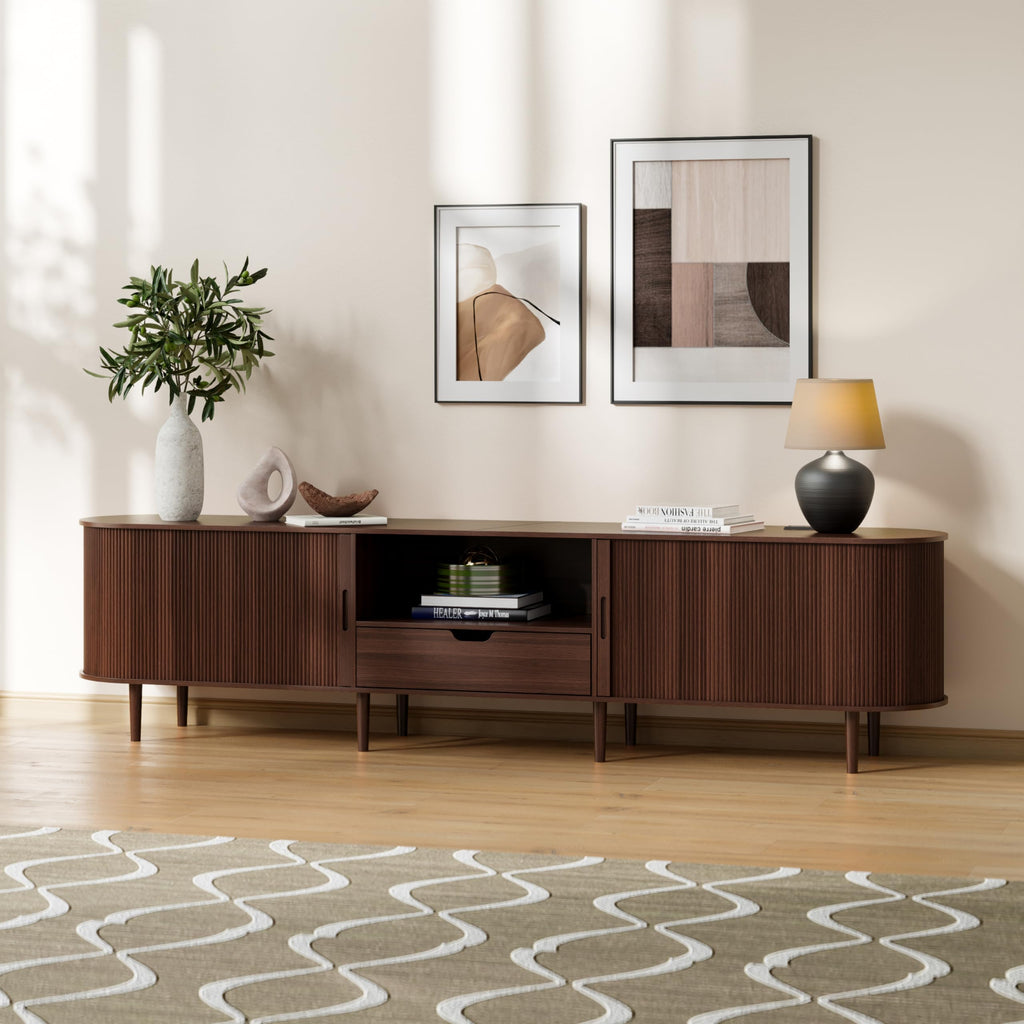 86.6" Fluted TV Stand with Power Outlet for TVs up to 90", TV Console with Adjustable Shelves and Sliding Door, Mid