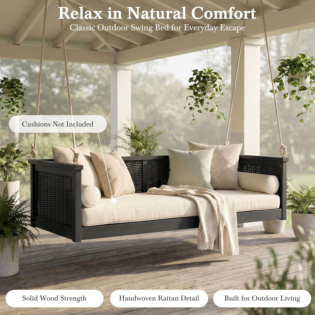 79.5in Acacia Wood Porch Swing Bed, Rattan Hanging Outdoor Daybed, Black | Hand-Woven Rattan And Acacia Wood Frame;