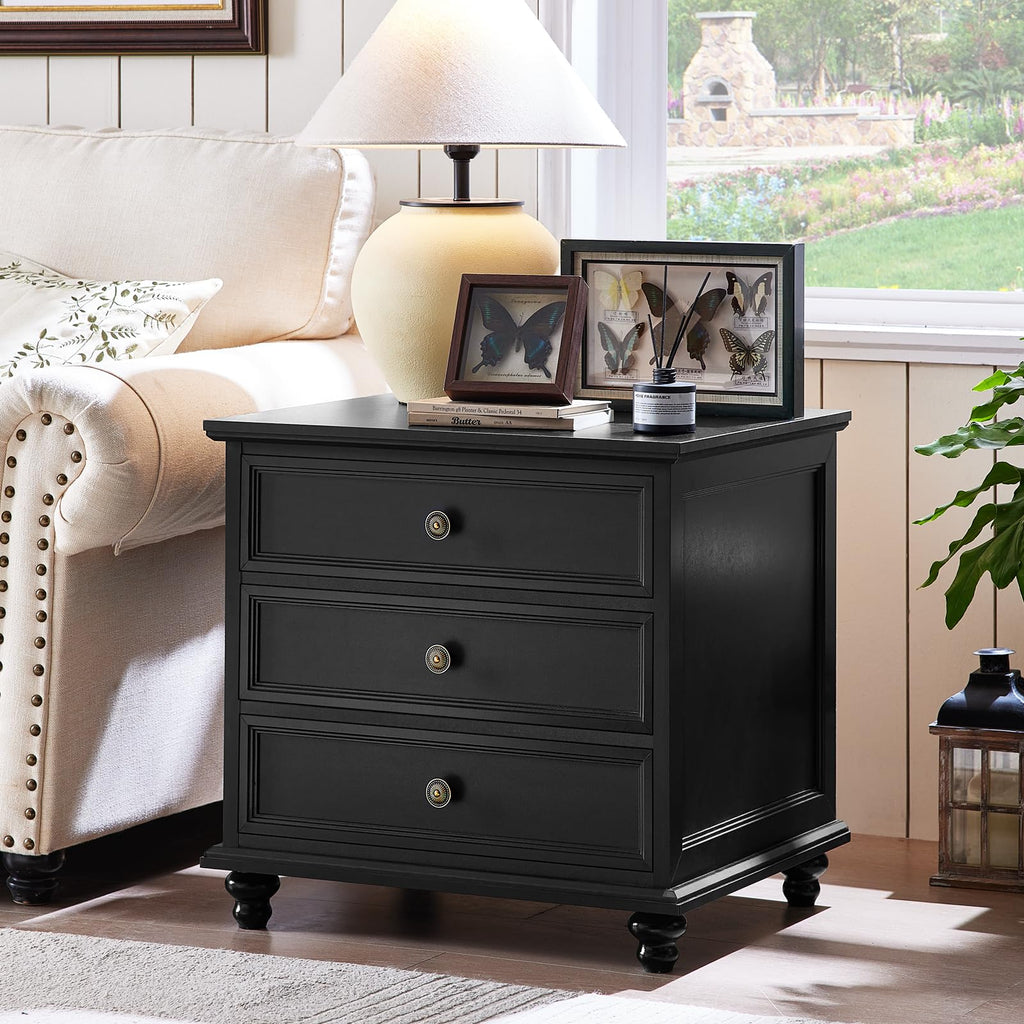 24" Wide Farmhouse Night Stand Set of 2, Large End Table with 3 Drawers & Metal Handle, Wood Cabinet, Bed Side Table