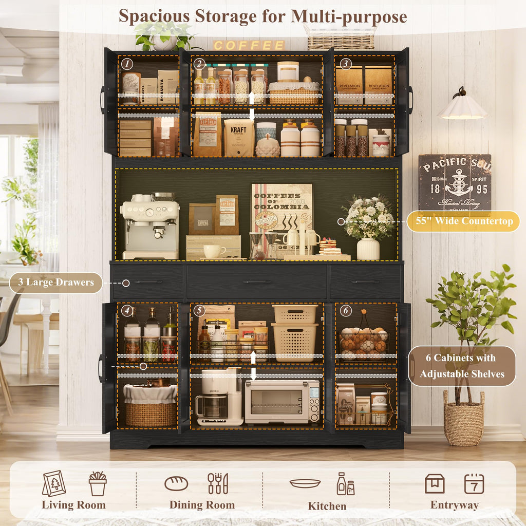 71" H Kitchen Pantry Cabinet, 55" Kitchen Hutch, Black Wood Grain