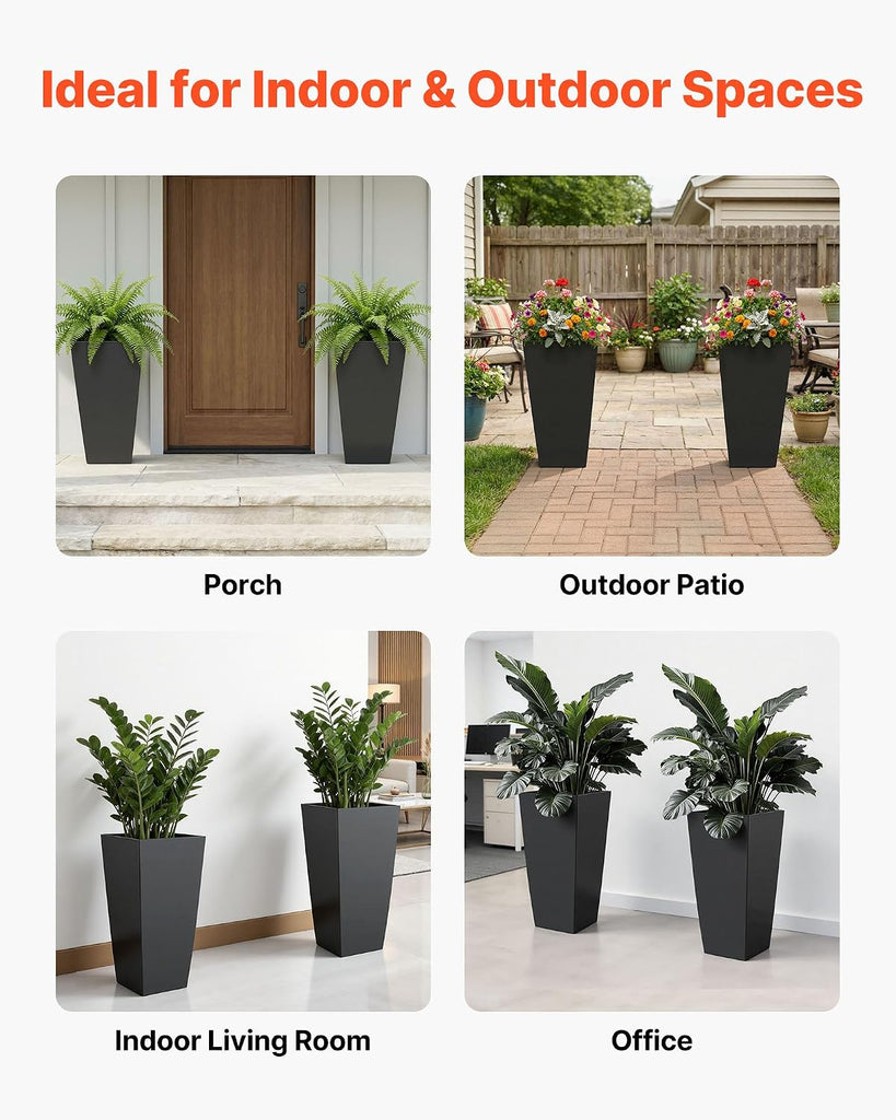 26 Inch Tall Planter Set of 2, Outdoor Large Tall Planters for Outdoor Indoor Plants, Tapered Black Planter for Front