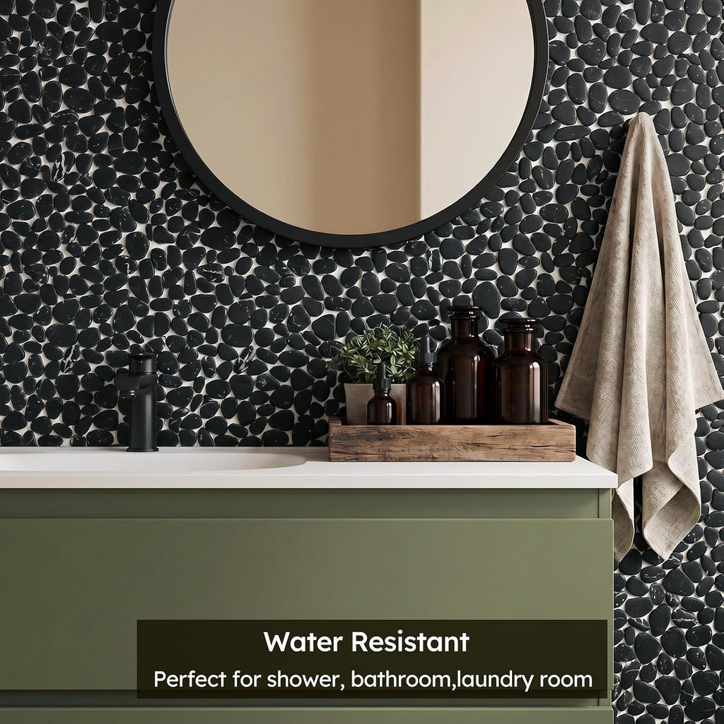 Pebble Tile for Shower Floor, Black Marble Veins Oval,Pebble Backsplash Bathroom Wall and Floor Tile