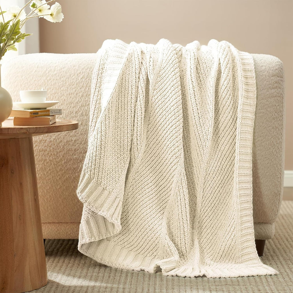 Knit Throw Blanket, Soft Chenille Cozy Breathable Chevron Chunky Decorative Blanket, French-Inspired Lightweight Warm