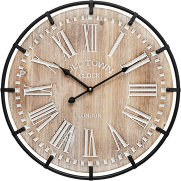 24 Inch Large Farmhouse Wall Clock, Rustic Wooden Wall Clock Decorative with Metal Circle and Engraved Numerals