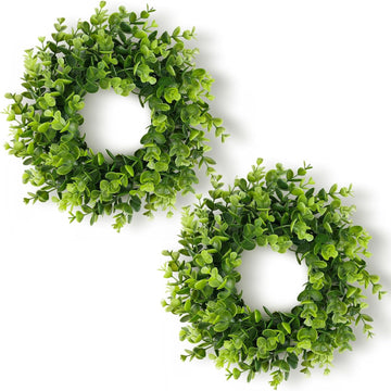 Inch Artificial Boxwood Small Wreath for Front Doors, 2 Packs Green Leaves Wreath, Spring Summer Mini Wreaths - Set of 2