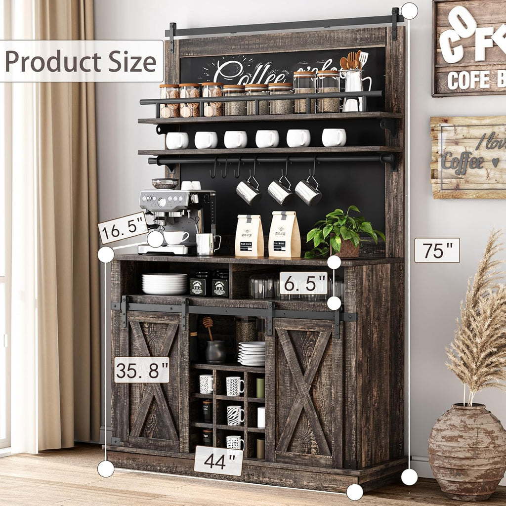 Bar Cabinet 75 in Tall Coffee Hutch Large Kitchens Hutch Farmhouse Coffee Bar Cabinet Cupboard with Sliding Barn Door