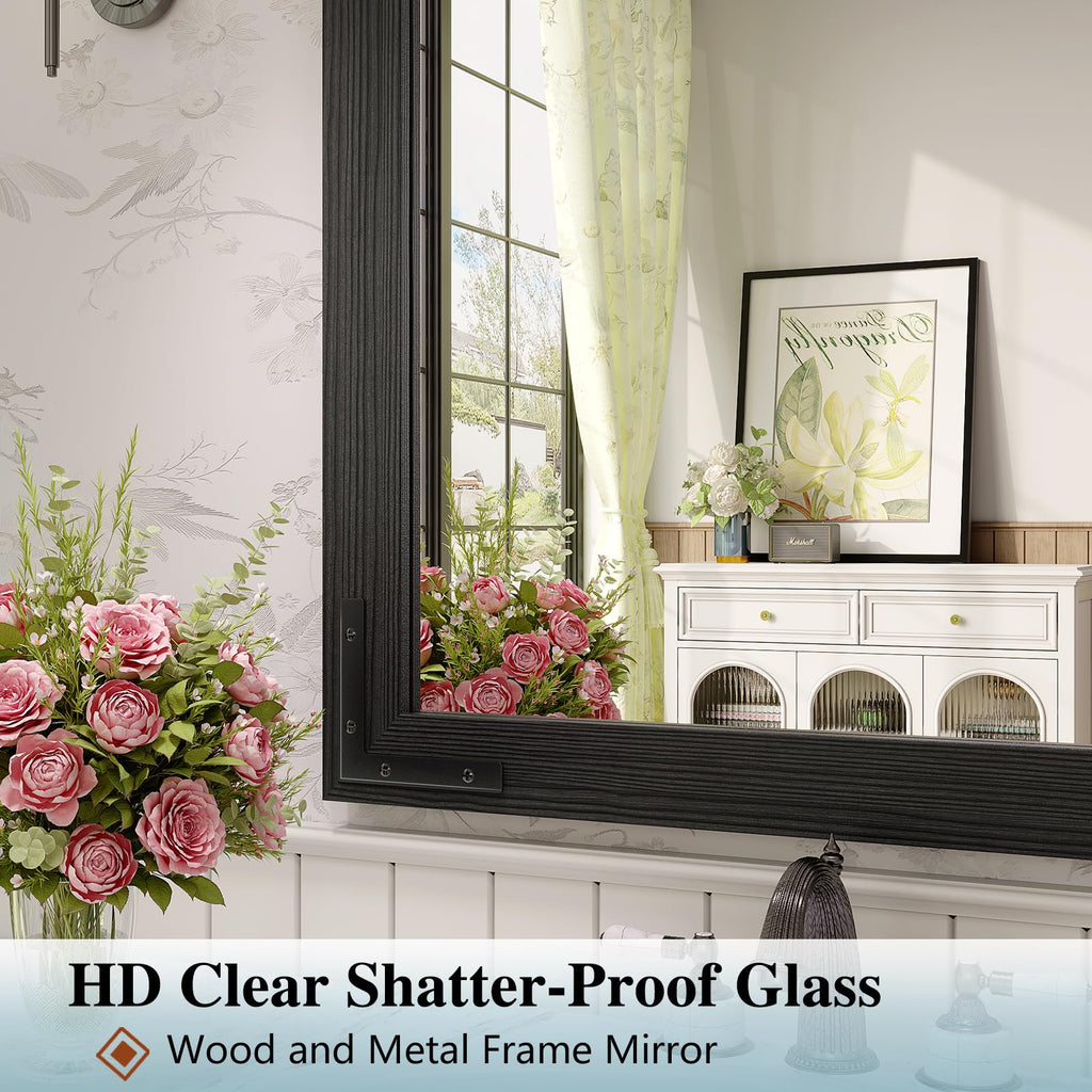 Farmhouse Bathroom Mirror, 40"x26" Black Rustic Bathroom Mirrors