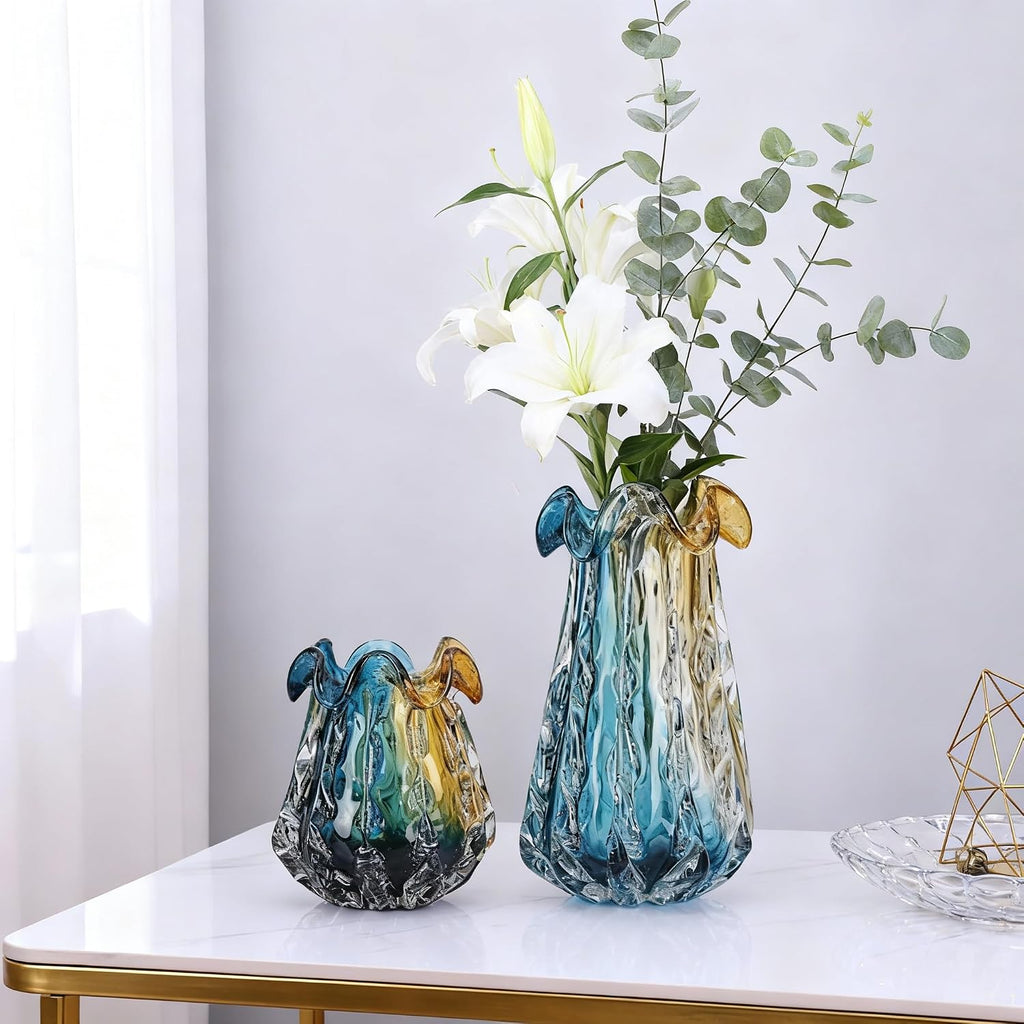 Turquoise Glass Vase, Hand Blown Wide Mouth Teal Blue Glass, Murano Style Modern Art, Art Deco Contemporary