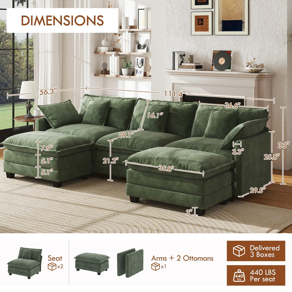 111.4" Modular Sectional Sofa, U Shape Cloud Couch with 2 Movable Ottoman, Comfy Chenille Deep Seat Sofa with Soft