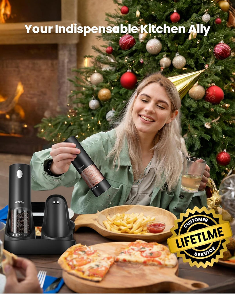 Electric Salt and Pepper Grinder Set with Rechargeable Base - Automatic Refillable Electric Salt and Pepper Shakers - Set of 2