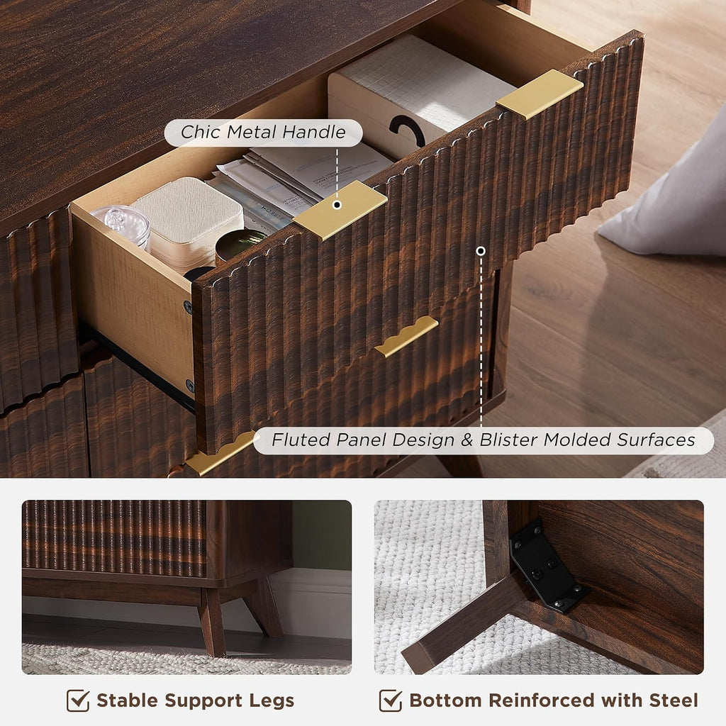 54" Wide Fluted 6 Drawer Dresser , Dark Walnut | Mid Century Modern, Curved Profile, Metal Handles, Anti-tip Kit