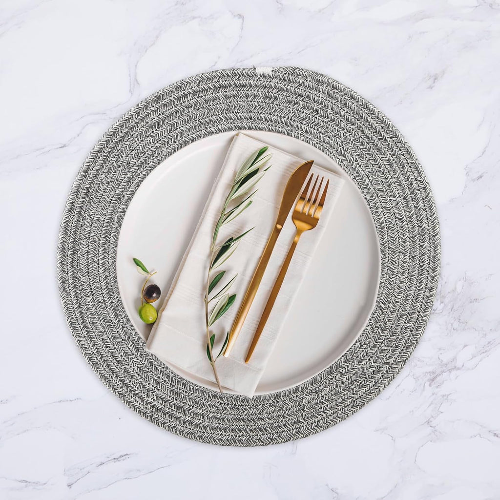 Round Woven Placemats 13.5 Inches Heat Resistant Placemats Farmhouse Cotton Rope Braided Place Mats for Dining - Set of 8