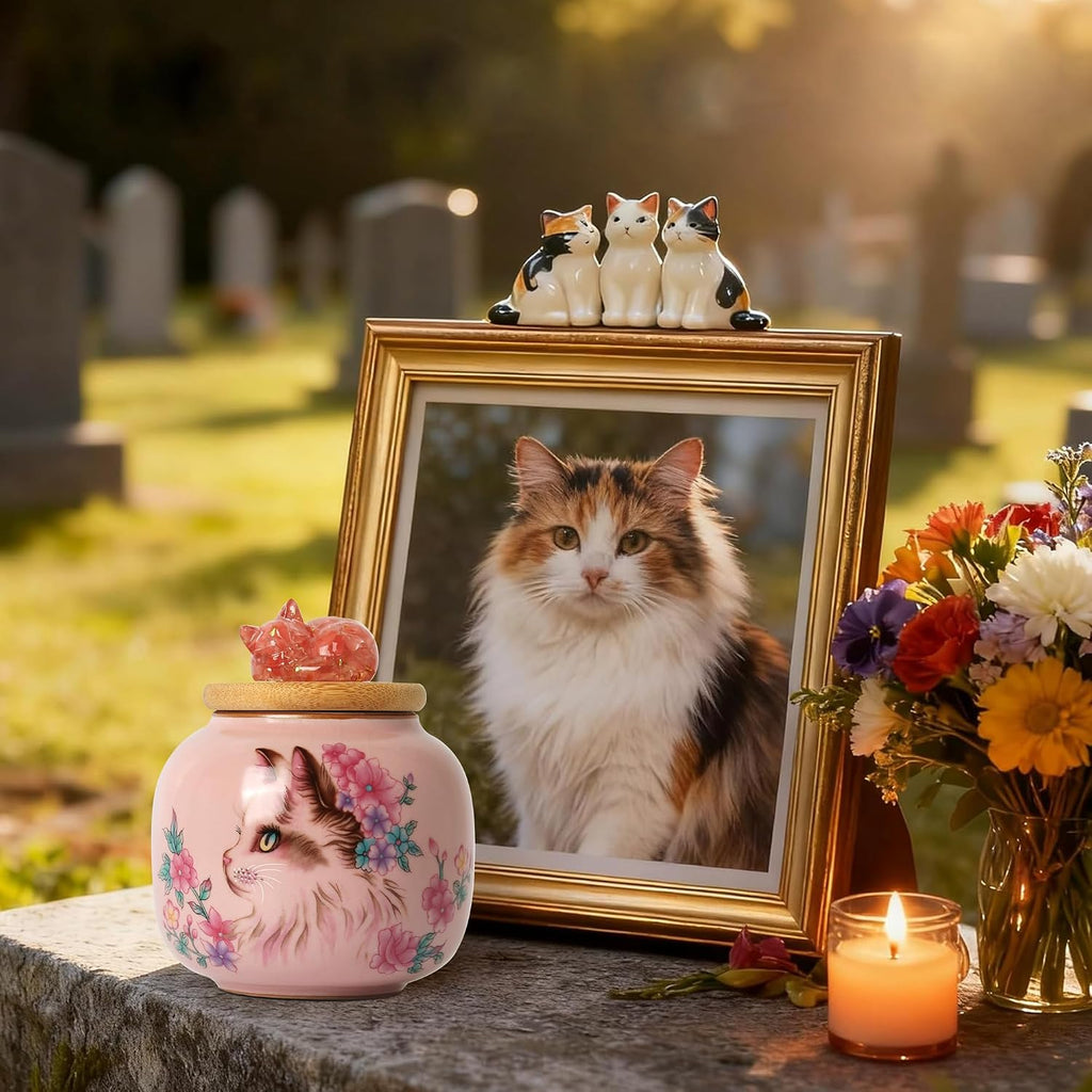 Ceramic Cat Urn for Ashes, Small Pet Urn with Crystal Cat Sculpture on Top, Pet Cremation Keepsake with Pink Cat