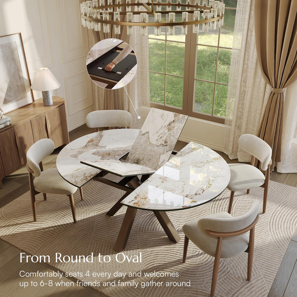 Modern Extendable Dining Table, 47" to 63" Round to Oval Sintered Stone Kitchen Table with Carbon Steel Pedestal Base
