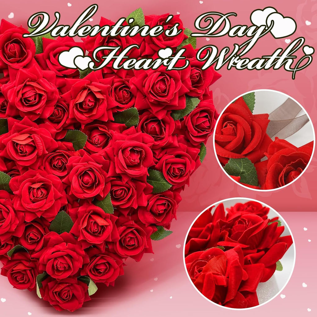 Valentines Day Heart Wreath Red Rose Heart Wreaths Valentines Heart Shaped Wreath for Door with Red Bow Valentines