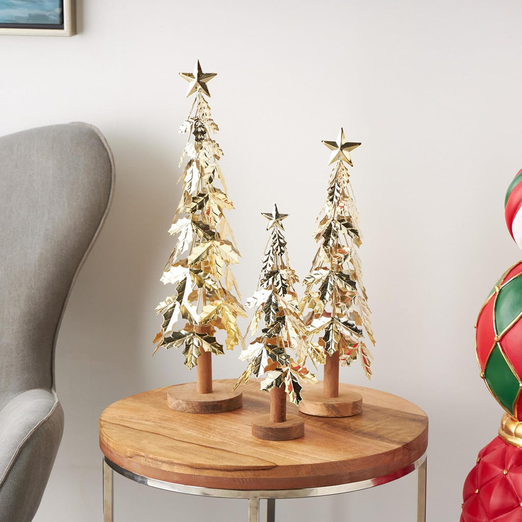 Metal Tree Decorative Sculpture Holiday Layered Holly Leaf Christmas Home Decor Statues with Wooden Base and Star