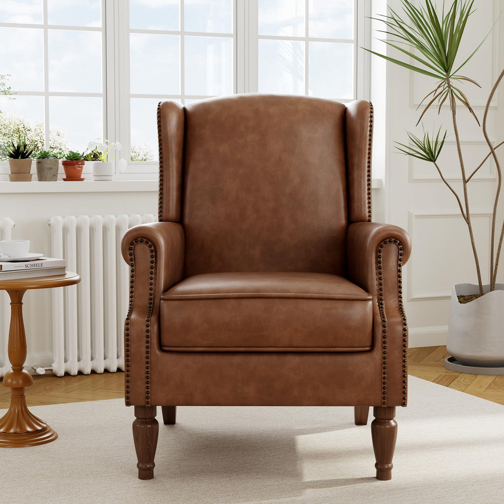Faux Leather Wingback Accent Chair with Wood Legs, Brown, Set of 1