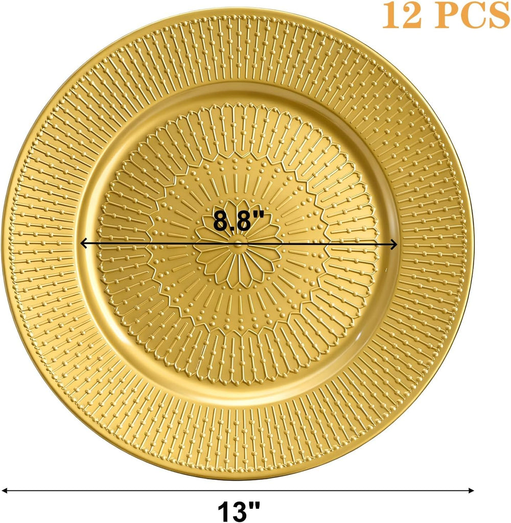 Gold Charger Plate, 13 Inch Beaded Chargers for Dinner Plates, Plastic Reusable Round Charger Platters - Set of 12