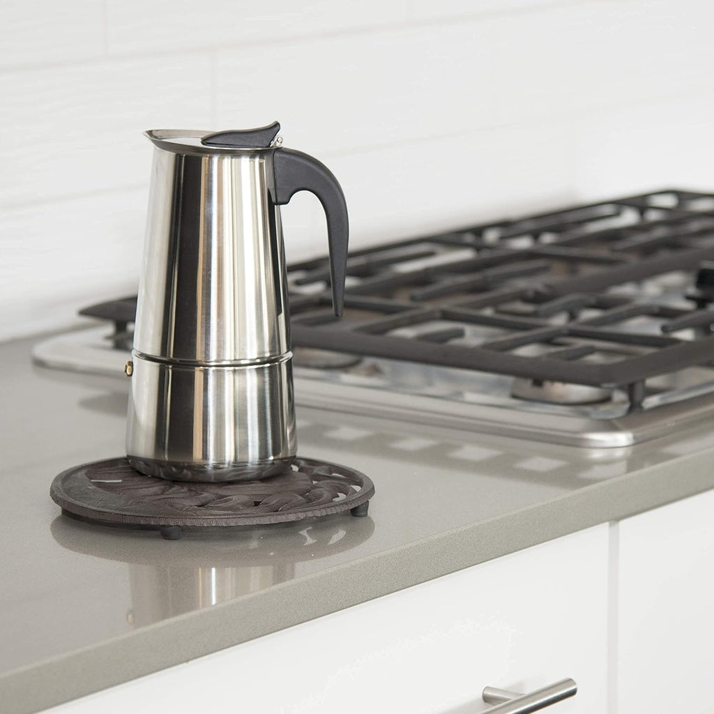 Cast Iron Trivet for Hot Dishes, Pots, and Pans, Metal Trivet, Sun & Moon Design, Rubber Feet Caps, Ring Hanger, 8