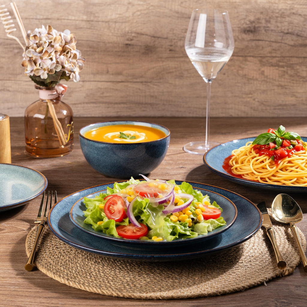 Ceramic Dinnerware Sets for 4, 12 Pieces Handpainted Plates and Bowls Set, Scratch Resistant Stoneware Dishes Set