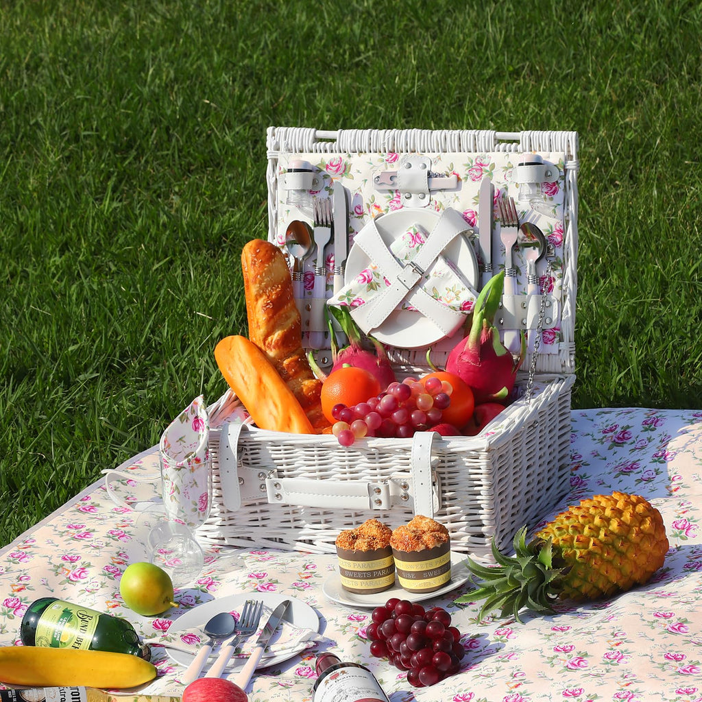 Wicker Picnic Basket Set for 4, Blanket, Cooler Bag, White Floral