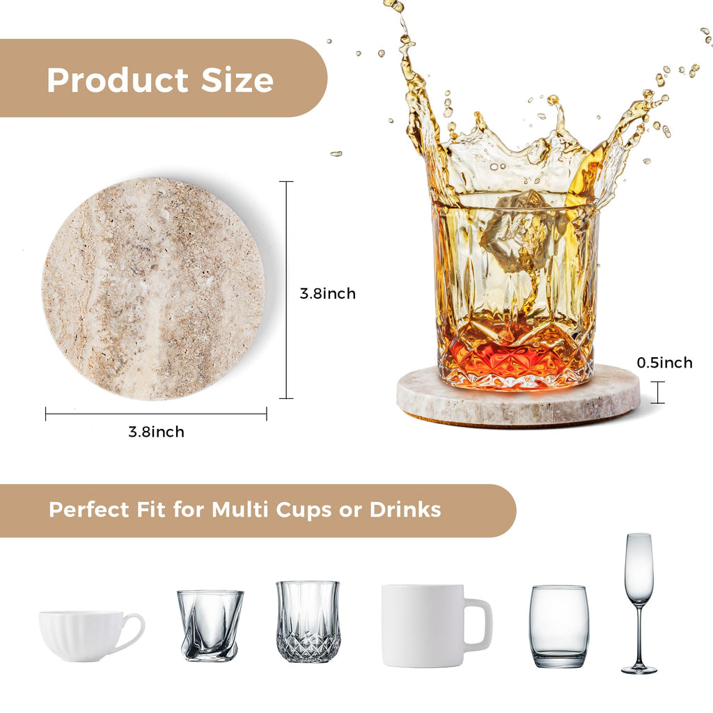 Marble Coaster for Drinks 4" Diameter Set of 4 Round Travertine Coasters Decor Office Parties Birthday Housewarming