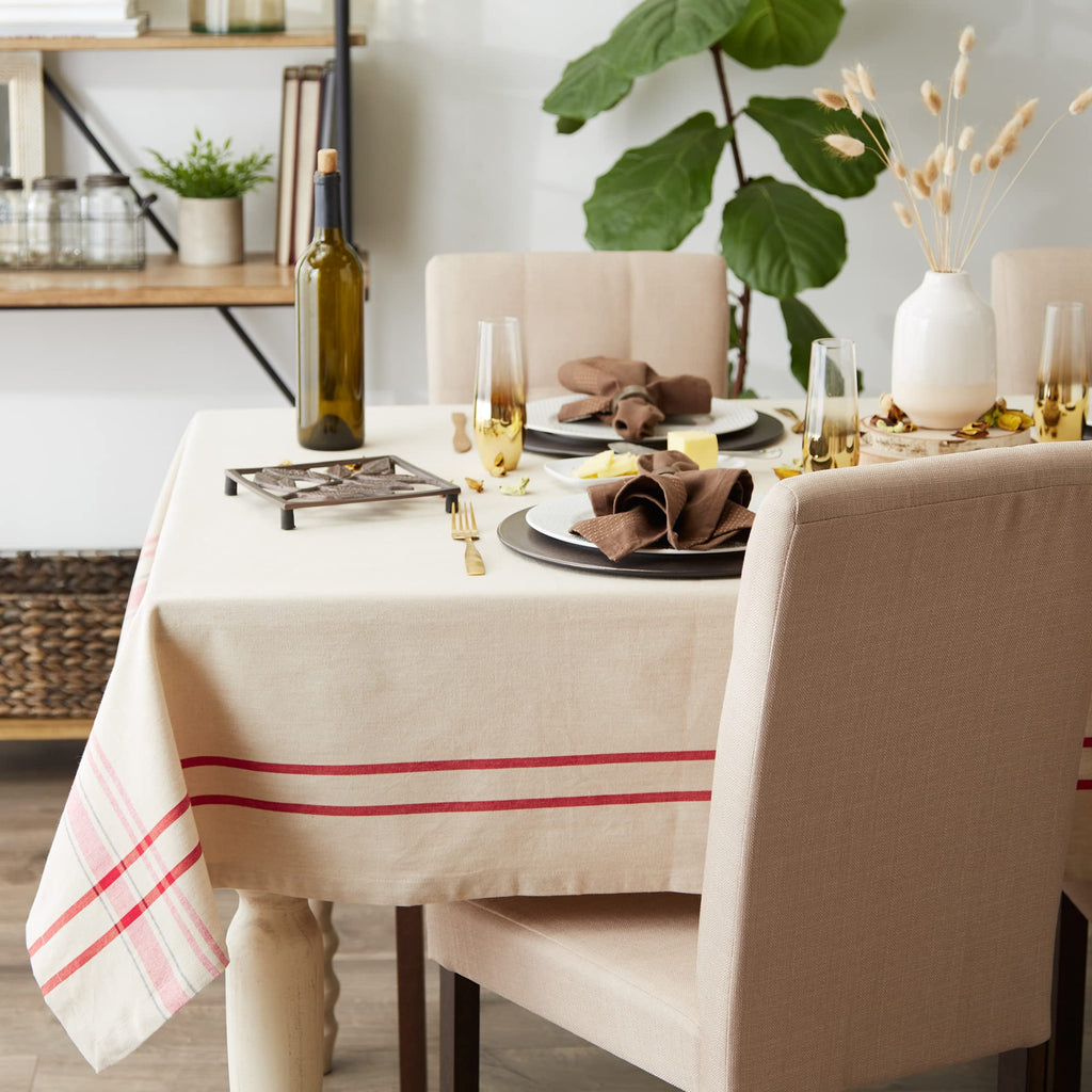 French Stripe Tabletop Collection Farmhouse Style Dining Table Linen Tablecloth, 60x120, Taupe/Red