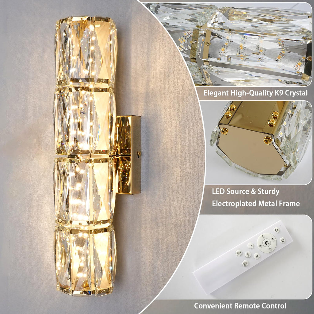 Gold Crystal Wall Sconce, Modern Dimmable LED Indoor Wall Light Fixtures with Remote, Elegant K9 Crystal Bathroom