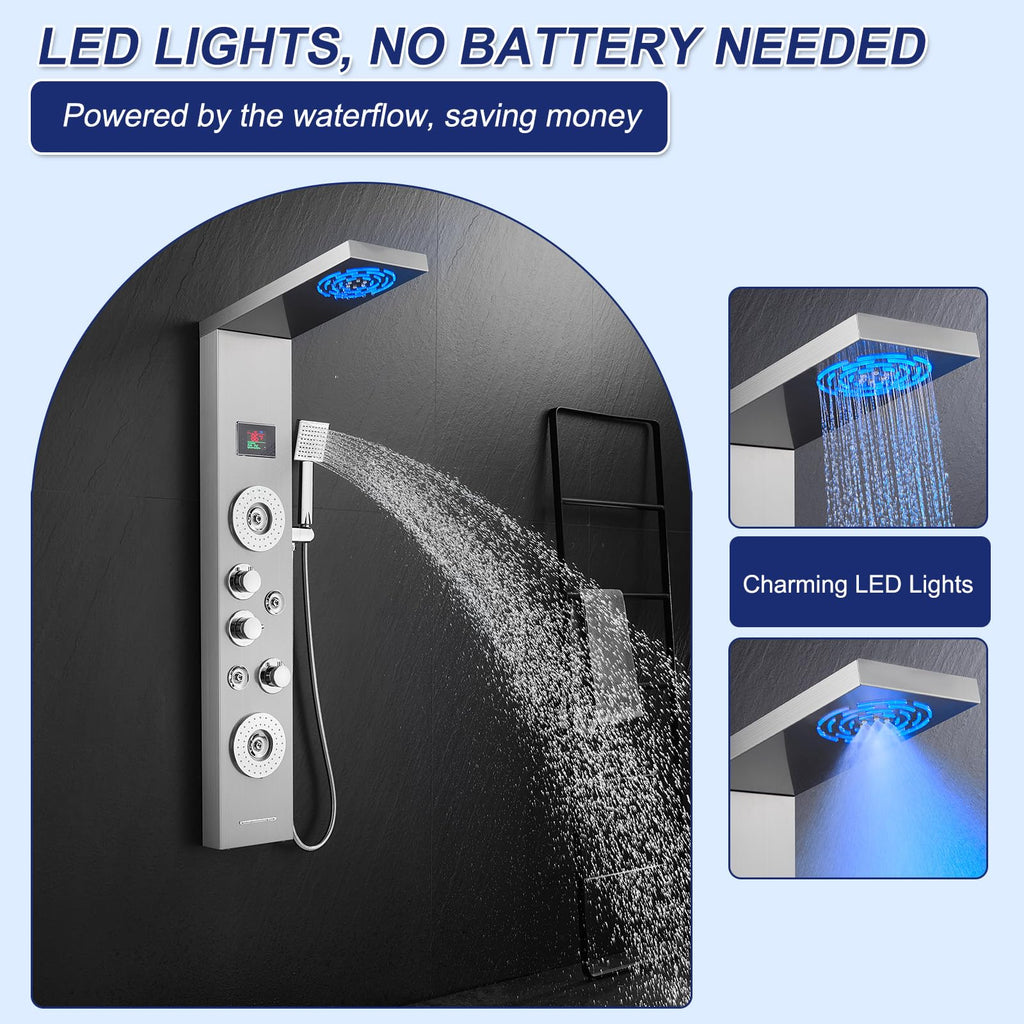 6-in-1 LED Rainfall Mist Shower Panel Tower System, Brushed Finish