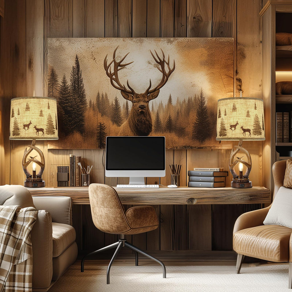 Rustic Farmhouse Antlers Table Lamp Set of 2 with Night Light