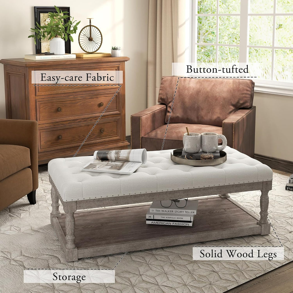 Ottoman Coffee Table, Large Rectangle Ottoman with Storage - Upholstered Cushioned Bench, Tufted Linen Fabric with