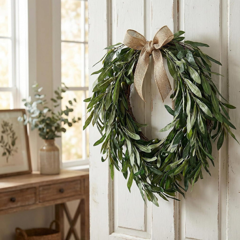 16" Heart Shaped Artificial Olive Leaf & Fruit Wreath - Realistic Green Olive Branches with Spring Floral Accents