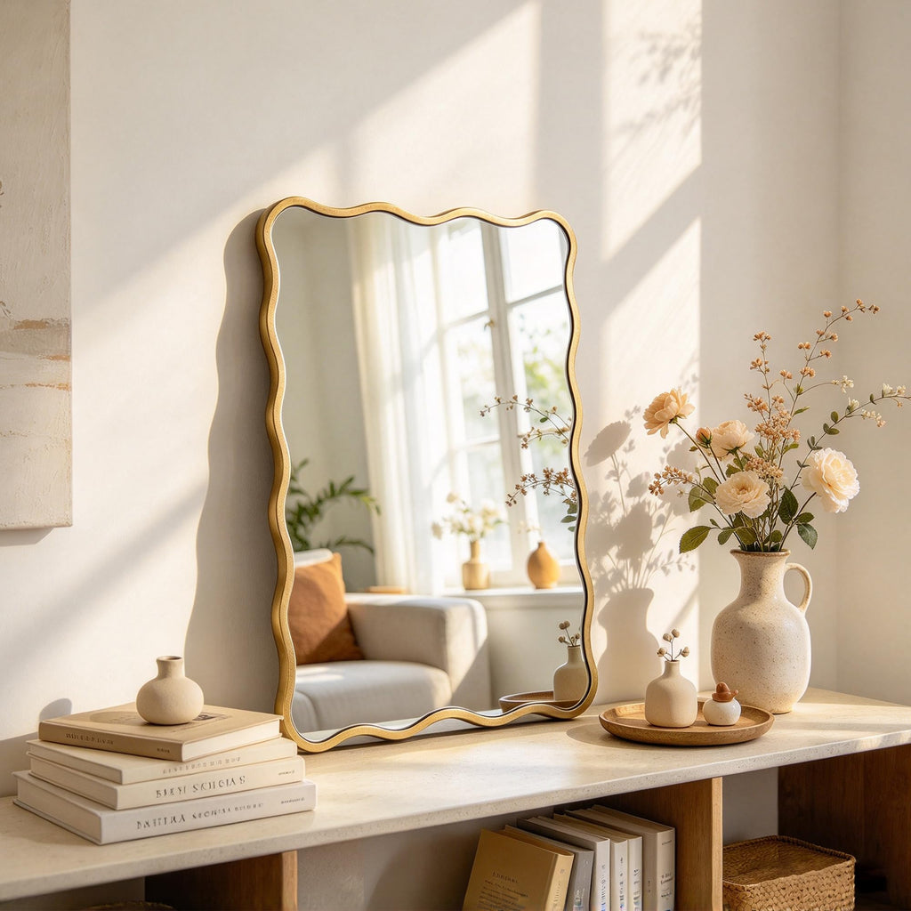 Gold Wavy Bathroom 20x30 Rectangle Scalloped Farmhouse Wall Mirror