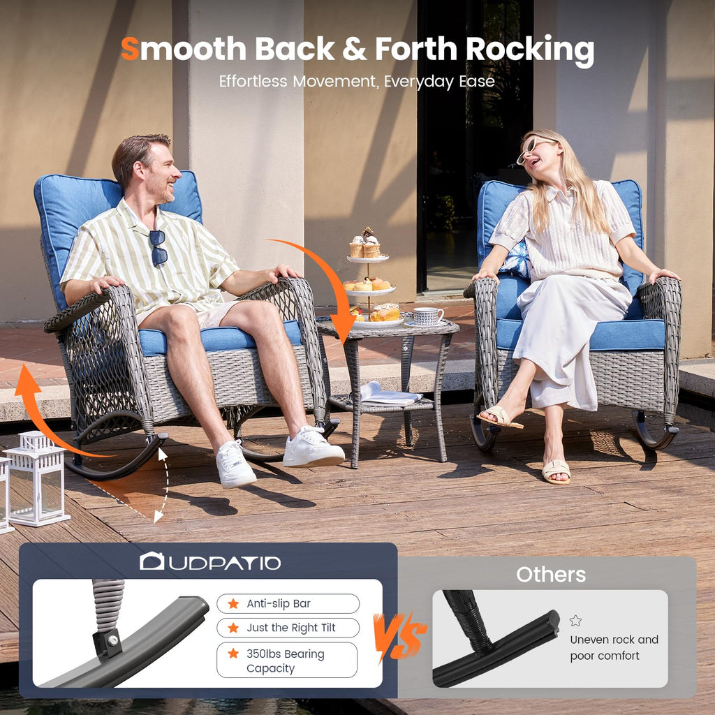 Rocking Outdoor Chair Patio Wicker Chair with Cushions, Lumbar Pillow for Porch Backyard, Porch, Balcony