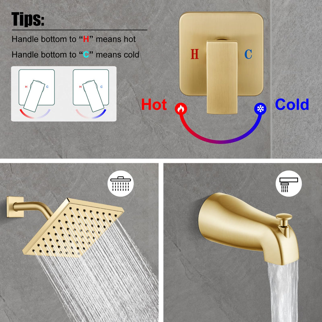 6 Inch Shower Faucet Set with Tub Spout and Valve, Brushed Gold