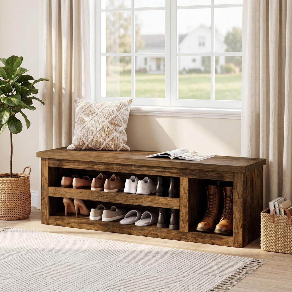 63" Entryway Bench, Farmhouse Shoe Storage Bench with Shelves