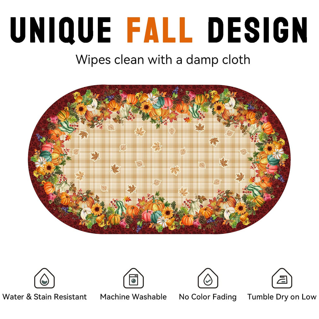 Fall Plaid Oval Tablecloth 60 x 102 Inch, Stain Resistant Washable Fabric Autumn Harvest Pumpkin Table Cloth Oval